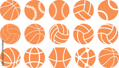 Ball icon set. Linear, silhouette, flat. Set of Orange and Orange sports ball icons. Set of monochrome soccer balls. Football or soccer related. Collection symbol of football, Orange sports balls set