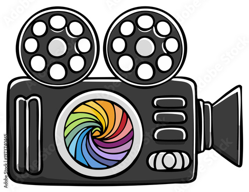 Cartoon Movie Camera with Colorful Lens, Vintage Film Reels
