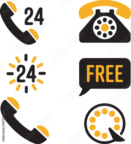 Customer Support and Retro Telecommunication Icon Set - 24/7 Service, Rotary Phone, and Free Call Symbols