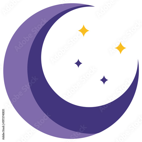 Purple Crescent Moon with Golden and Blue Stars on White Background