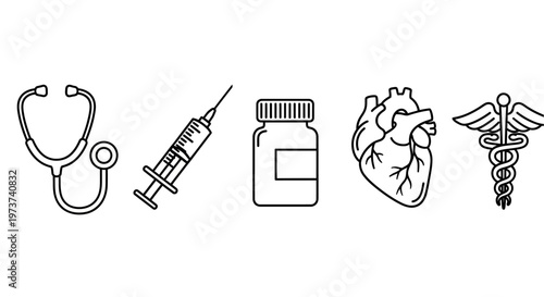 Medical icons including stethoscope, syringe, medicine bottle, heart, and rod of Asclepius.