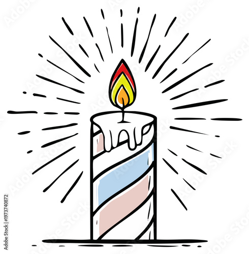 Cartoon candle illustration with bright flame and radiating lines