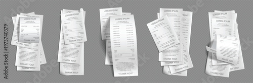 Pile of 3d vector payment bill, paper pos receipt