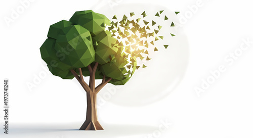 Low poly tree with leaves flying off in wind on white background symbolizing change and freedom its illustration only