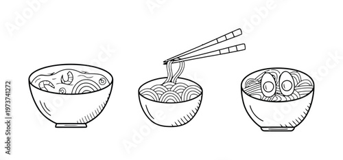 Hand-drawn of three bowls of noodles with chopsticks