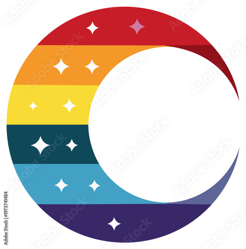 Rainbow crescent moon with stars symbol for pride and magic
