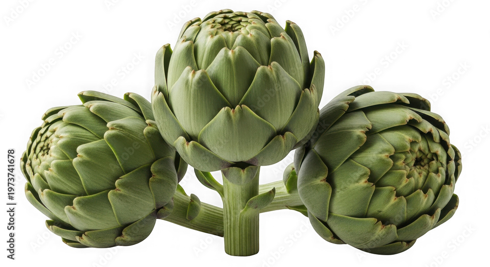 Fototapeta premium Three fresh green artichokes on stem isolated on transparent background