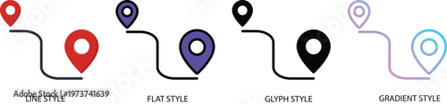 Location pin icon set. Map marker symbols for gps navigation. Place pointer logotypes in line, flat, glyph, colored and gradient styles. Vector illustration.