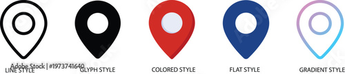 Location pin icon set. Map marker symbols for gps navigation. Geolocation pointer logotypes in line, glyph, colored, flat and gradient styles. Vector illustration.