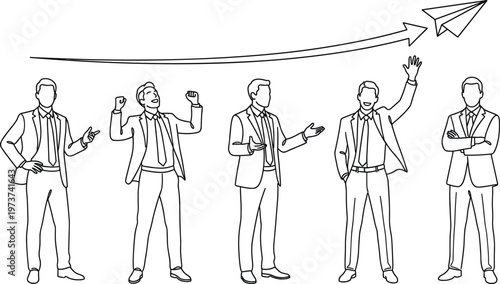 Business team success concept with growing arrow and confident professionals leadership achievement minimal line vector illustration