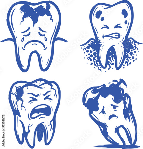 Hand Drawn Tooth Pain Silhouette Vector Illustration Set with Dental Decay Cavity and Oral Health Problem Design.