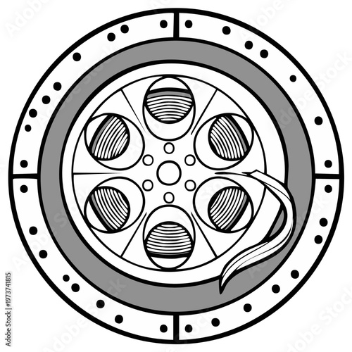 Classic film reel icon representing cinema and entertainment with a flowing ribbon