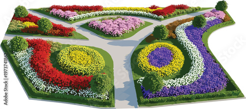 Colorful geometric flower garden design, landscaped park illustration, artistic floral arrangement, symmetrical outdoor layout, vibrant botanical concept, nature beauty scene
