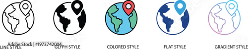 Global location icon set. Earth map marker symbols. Worldwide gps navigation and geolocation logotypes in line, glyph, colored, flat and gradient styles. Vector illustration.