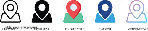 Location pin icon set. Map marker symbols for gps navigation. Place pointer logotypes in line, glyph, colored, flat and gradient styles. Vector illustration.