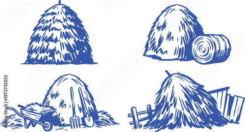 Hand Drawn Haystack Silhouette Vector Illustration Set with Farm Straw Pile Agriculture Rural Harvest Design.