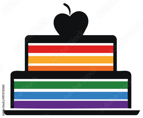 Two tier celebration cake with rainbow stripes and a black apple topper icon