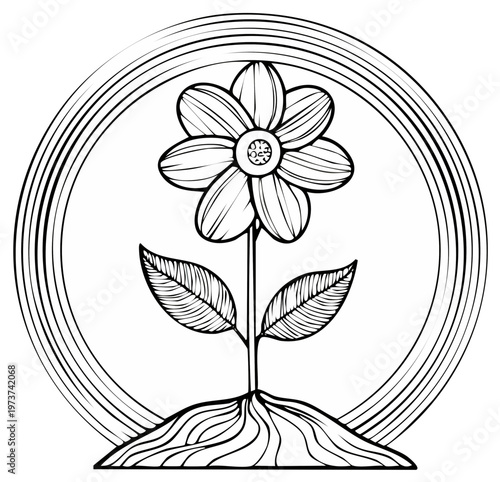 Black and white flower within circular frame illustration, artistic design