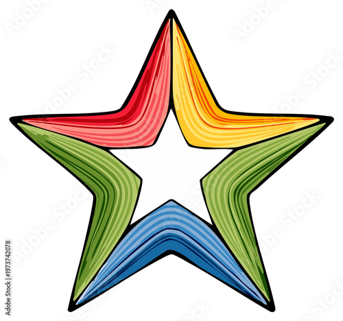 Colorful five-pointed star shape with vibrant rainbow hues and bold outline, isolated.