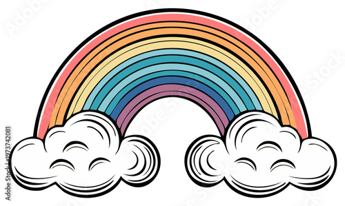 Brightly colored rainbow arched above fluffy white clouds in a whimsical illustration