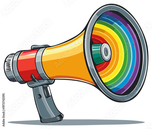 Colorful megaphone with rainbow-colored sound emitting rings illustration