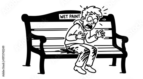 Minimalist Park Bench with Wet Paint Cartoon Line Art, Monochrome Vector Illustration of Public Embarrassment Humor