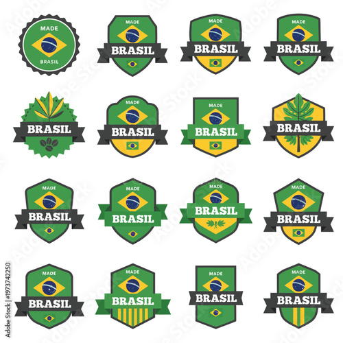 Collection of brazilian flag themed emblems and badges in various shapes and styles