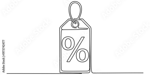 A continuous single line drawing of a price tag icon representing a discount or sale event offer