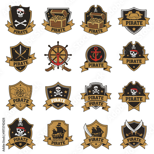 Collection of pirate themed emblems and badges with skulls ships and treasure