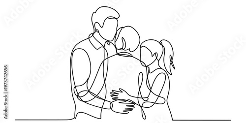 A single continuous line drawing capturing a family sharing a warm and loving embrace together now