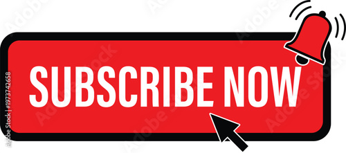 Red subscribe now button with black border bell icon and computer mouse cursor for video streaming channel call to action.