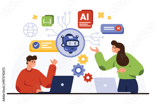 Two engineers collaborate on artificial intelligence development with robot interface, gears, and digital icons on white isolated background for innovation and teamwork vector illustration