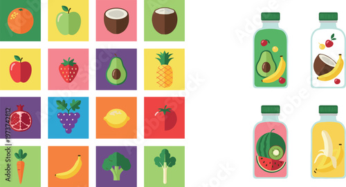 Colorful Fruit and Vegetable Icon Set with Juice Bottle Illustrations Featuring Healthy Food Elements for Nutrition, Organic Diet, and Fresh Produce Design