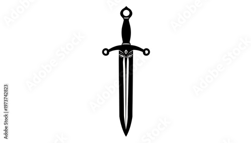 A stark, symmetrical illustration of a medieval-style sword against a white background, rendered in solid black lines