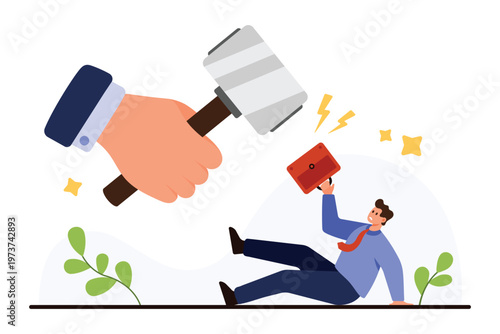 Corporate worker knocked down by giant hand holding hammer symbolizing workplace discrimination, business failure, unfair treatment, isolated on white background vector illustration
