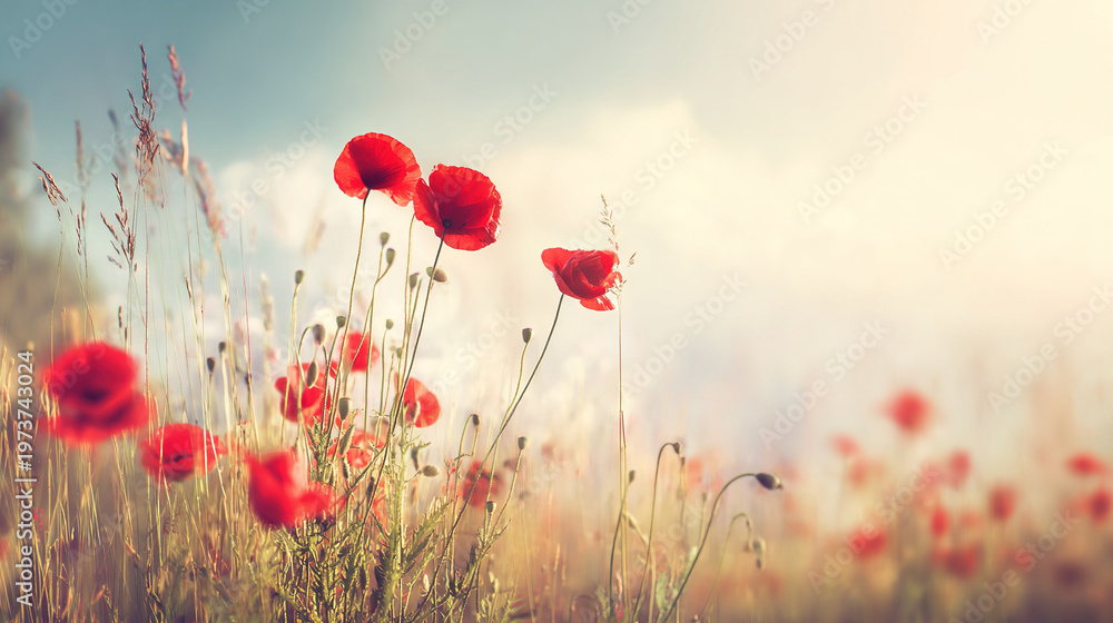 Naklejka premium Red Poppies in Golden Field at Sunrise