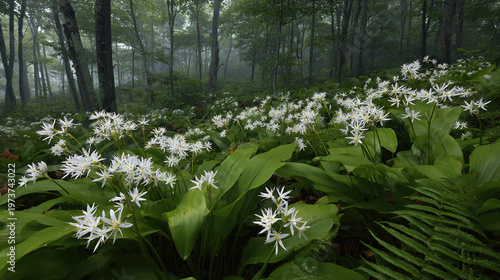 White Wildflowers Blooming in a Lush Forest Under Misty Morning Sunlight