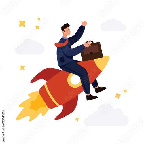 Confident businessman in suit riding rocket with briefcase symbolizing success, ambition, and fast achievement on isolated white background for business growth concept vector illustration