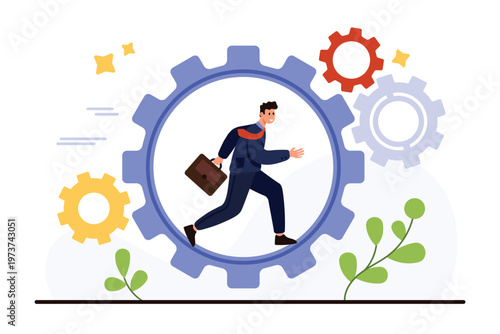 Corporate worker in suit running with briefcase inside a giant gear symbolizing business process, workflow, and productivity on an isolated white background vector illustration