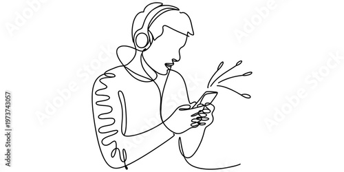 A continuous line drawing of a person wearing headphones while looking at their mobile phone screen