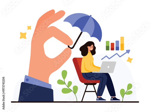 Hand holding umbrella over woman working on laptop symbolizes employee care, workplace wellbeing, insurance benefits, and business support on isolated white background vector illustration