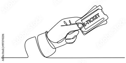 Foto A continuous line drawing of a hand holding an e-ticket for travel or entertainment events today