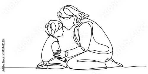 A single continuous line drawing of a mother kneeling down to comfort and talk to her young child