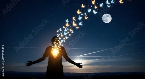 A silhouette of a person standing under the moon with glowing butterflies emerging from chest