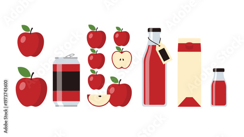 Various apple-based products including fresh fruit, canned juice, bottled juice, and carton packaging illustrations.