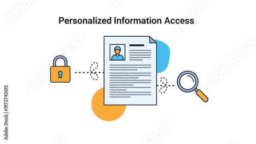 Secure personalized information access concept featuring a profile document, a padlock, and a magnifying glass.