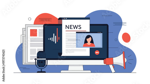 Online news and digital media broadcasting concept with a computer monitor, microphone, megaphone, and website.