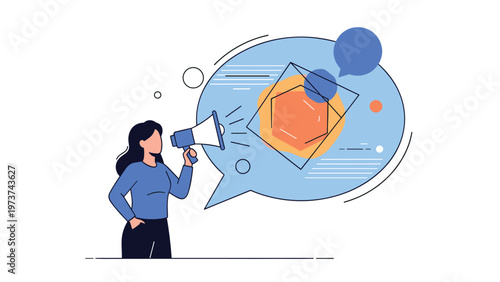 Woman using a megaphone to deliver a public announcement or marketing message within a giant speech bubble.