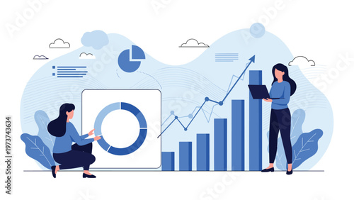 Two businesswomen analyzing financial reports and charts to track company growth and performance metrics over time.