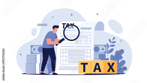 Man performing a tax audit or financial review using a magnifying glass on a large document with money stacks.